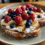 A close-up side view of a slice of Yoghurt Toast topped with fresh berries.