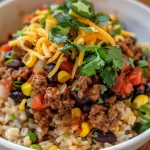 ['Close-up view of a bowl of Tex-Mex Beef and Rice with vibrant colors.', 'Side angle of a hearty plate of Tex-Mex-inspired beef and rice topped with cheese and cilantro.', 'Juicy ground beef and rice mixed with black beans and corn, garnished with cheese.', 'Colorful Tex-Mex Beef and Rice dish featuring salsa, corn, and sprinkled cilantro.']