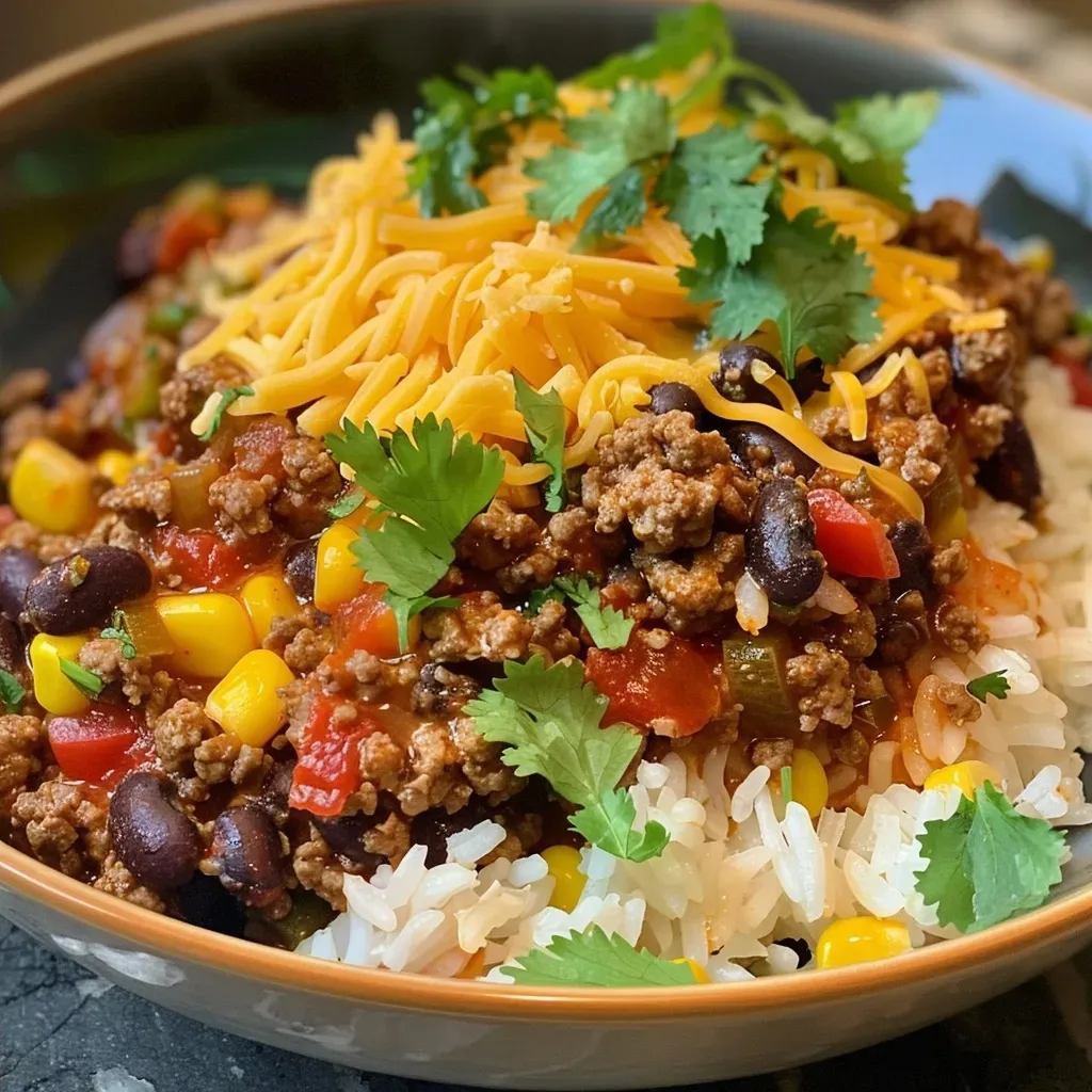 Close-up view of a bowl of Tex-Mex Beef and Rice with vibrant colors.