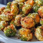 ['Close-up of golden-brown Air Fryer Cheddar Broccoli Bites on a white plate.', 'Side view of crispy Air Fryer Cheddar Broccoli Bites with a green garnish.', 'Appetizing Air Fryer Cheddar Broccoli Bites arranged neatly on a wooden table.', 'Juicy and crispy Air Fryer Cheddar Broccoli Bites displayed with a dipping sauce.']