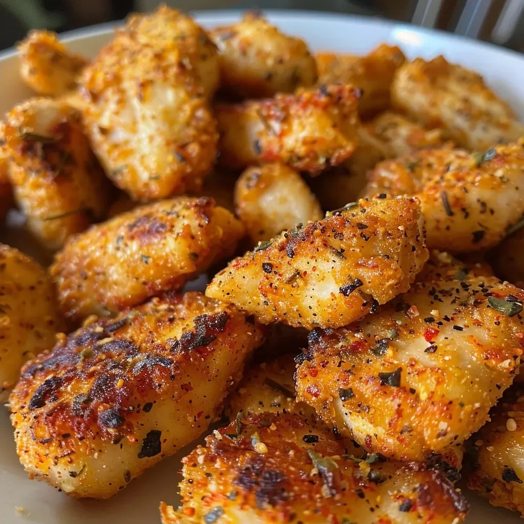 ['Close-up of juicy air fryer chicken bites garnished with herbs.', 'Delicious, crispy air fryer chicken bites on a plate.', 'High-protein chicken bites, golden brown and succulent from the air fryer.', 'Side view of perfectly cooked air fryer chicken bites ready to eat.']