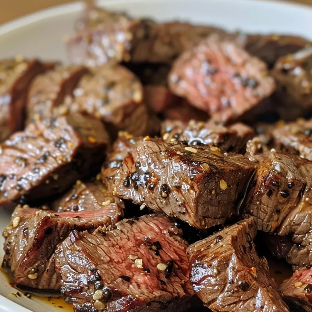 ['A close-up side view of juicy steak bites cooked in an air fryer.', 'Air fryer steak bites displayed on a plate, glistening with seasoning.', 'Juicy, tender pieces of sirloin steak arranged on a serving dish.', 'Close-up image of deliciously cooked steak bites with a golden crust.']