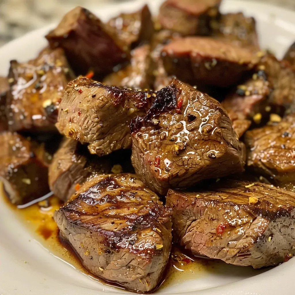 ['A close-up side view of juicy steak bites cooked in an air fryer.', 'Air fryer steak bites displayed on a plate, glistening with seasoning.', 'Juicy, tender pieces of sirloin steak arranged on a serving dish.', 'Close-up image of deliciously cooked steak bites with a golden crust.']