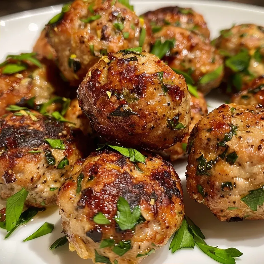 ['Close-up view of golden-brown air fryer turkey bites garnished with herbs and lemon zest.', 'Juicy turkey bites cooked in an air fryer, showing a crispy exterior and fresh herbs.', 'Side view photo of flavorful turkey bites, highlighting their juicy texture and vibrant herbs.', 'Appetizing air fryer turkey bites displayed with a sprinkle of parsley and a lemon wedge.']