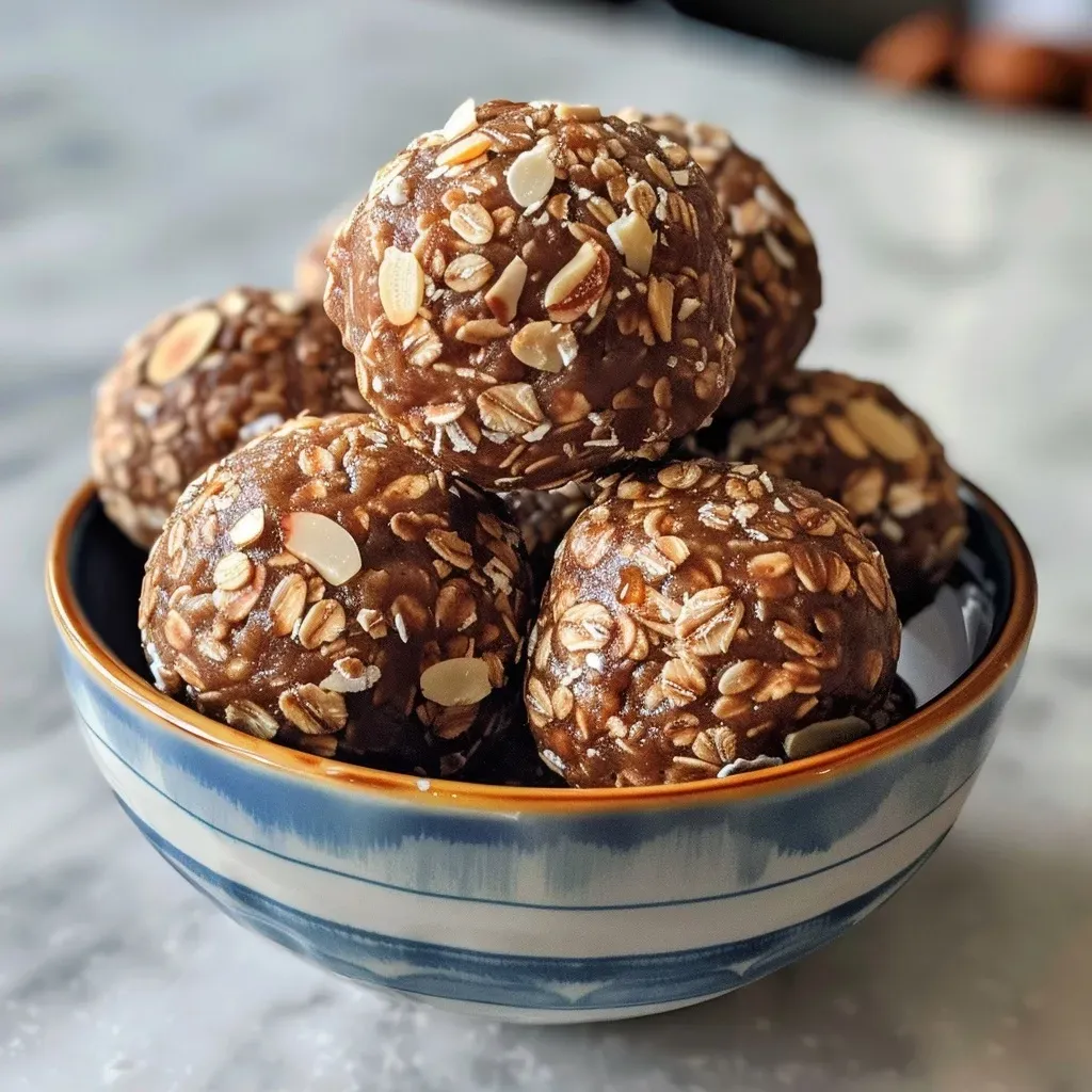 ['Close-up of almond espresso energy bites on a rustic wooden table.', 'Side view of a cluster of almond espresso energy bites with visible ingredients.', 'Juicy almond espresso energy bites showcasing slivered almonds and a glossy surface.', 'Delicious almond espresso energy bites with a textured appearance, resting on a plate.']