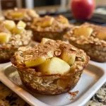 ['Close-up view of Apple Cinnamon Baked Oatmeal Cups with a golden-brown top.', 'Side angle of baked oatmeal cups featuring bits of diced apples and a sprinkle of cinnamon.', 'Juicy Apple Cinnamon Baked Oatmeal Cups displayed on a rustic wooden surface.', 'Delicious-looking oatmeal cups made with apples, cinnamon, and a hint of brown sugar.']