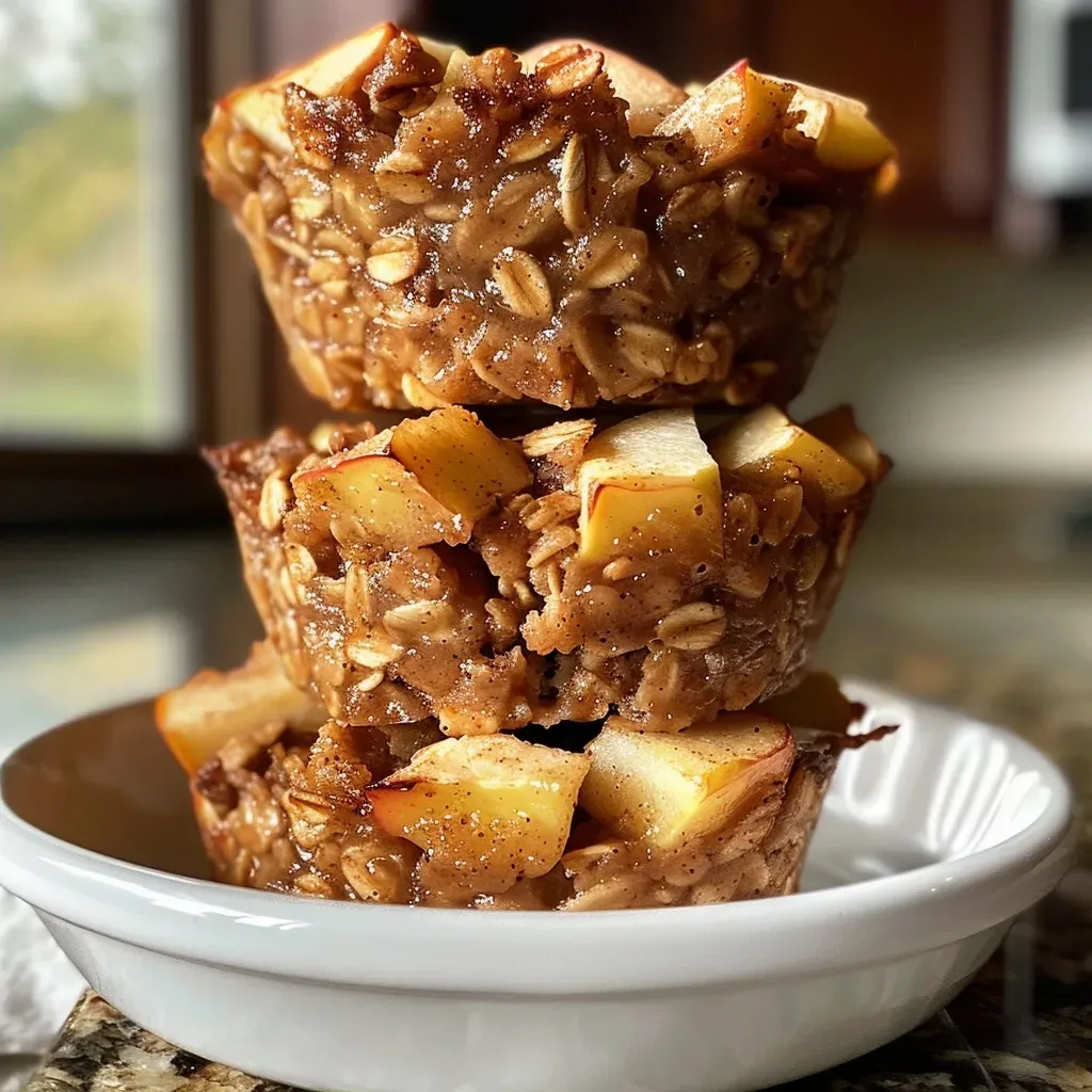 ['Close-up view of Apple Cinnamon Baked Oatmeal Cups with a golden-brown top.', 'Side angle of baked oatmeal cups featuring bits of diced apples and a sprinkle of cinnamon.', 'Juicy Apple Cinnamon Baked Oatmeal Cups displayed on a rustic wooden surface.', 'Delicious-looking oatmeal cups made with apples, cinnamon, and a hint of brown sugar.']