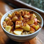 ['Close-up view of a bowl filled with apple cinnamon oatmeal topped with diced apples and nuts.', 'Side view of a warm apple cinnamon bowl with visible rolled oats and apple chunks.', 'Detailed view of a delicious apple cinnamon oatmeal bowl, highlighting the toppings and ingredients.', 'Close-up of a hearty apple cinnamon breakfast bowl featuring oats, apples, and a sprinkle of cinnamon.']