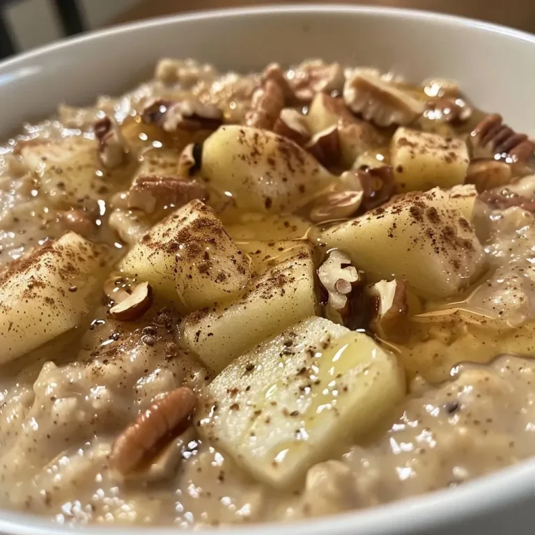 ['A close-up view of a bowl of apple cinnamon oatmeal topped with chopped pecans and drizzled with maple syrup.', 'A side view of creamy apple cinnamon oatmeal with diced apples and a sprinkle of cinnamon in a rustic bowl.', 'Delicious apple cinnamon oatmeal in a white bowl, featuring diced apples and pecans, with a syrup drizzle on top.', 'A rich bowl of oatmeal made with apples and cinnamon, garnished with pecans and a hint of maple syrup, displayed from the side.']