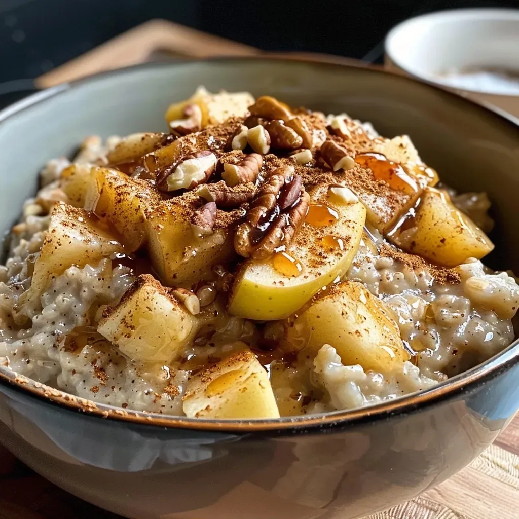 A close-up view of a bowl of apple cinnamon oatmeal topped with chopped pecans and drizzled with maple syrup.