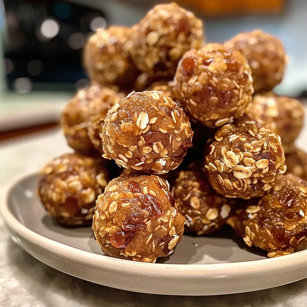 ['Close-up of Apple Pie Energy Bites showcasing dried apple pieces and a nutty texture.', 'Side view of homemade energy bites resembling apple pie, with visible oats and nuts.', 'Delicious energy bites featuring chunks of apple and a sprinkle of cinnamon on top.', 'Textured energy balls made from apples, nuts, and spices, displayed attractively.']