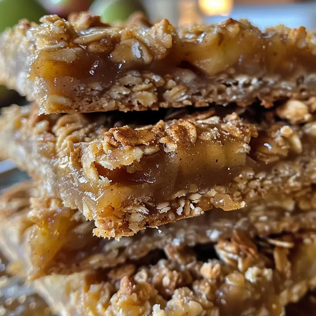 ['Close-up side view of Apple Pie Oatmeal Bars with visible layers of apples and oats.', 'Juicy Apple Pie Oatmeal Bars arranged on a rustic surface showcasing their texture.', 'A slice of Apple Pie Oatmeal Bars highlighting the ingredients like apples and oats.', 'Tasty Apple Pie Oatmeal Bars displayed with a warm, inviting appearance.']