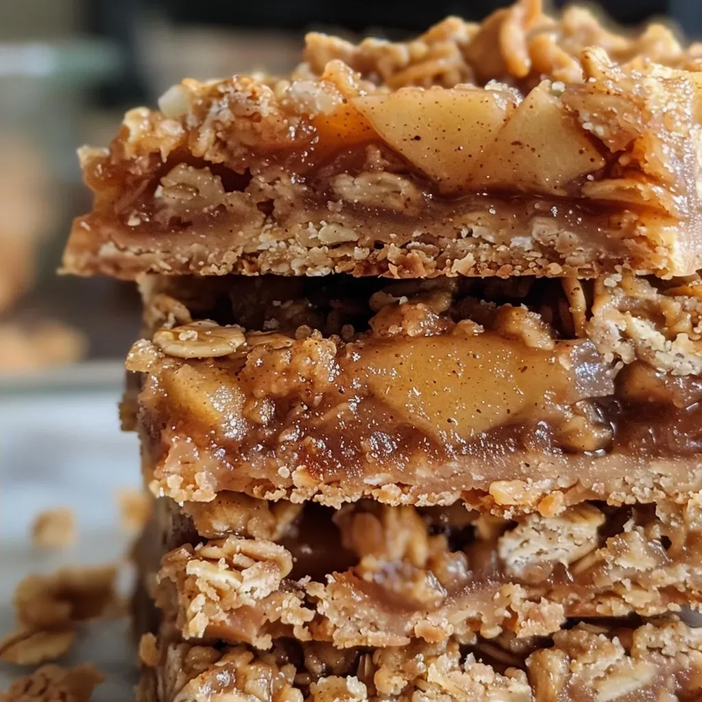['Close-up side view of Apple Pie Oatmeal Bars with visible layers of apples and oats.', 'Juicy Apple Pie Oatmeal Bars arranged on a rustic surface showcasing their texture.', 'A slice of Apple Pie Oatmeal Bars highlighting the ingredients like apples and oats.', 'Tasty Apple Pie Oatmeal Bars displayed with a warm, inviting appearance.']