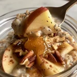 ['Close-up of creamy Apple Pie Overnight Oats with diced apples and cinnamon.', 'A bowl of Apple Pie Overnight Oats featuring chopped apples and nuts.', 'Side view of Apple Pie Overnight Oats topped with pecans and a sprinkle of cinnamon.', 'Delicious Apple Pie Overnight Oats in a glass, showcasing apple chunks and chia seeds.']