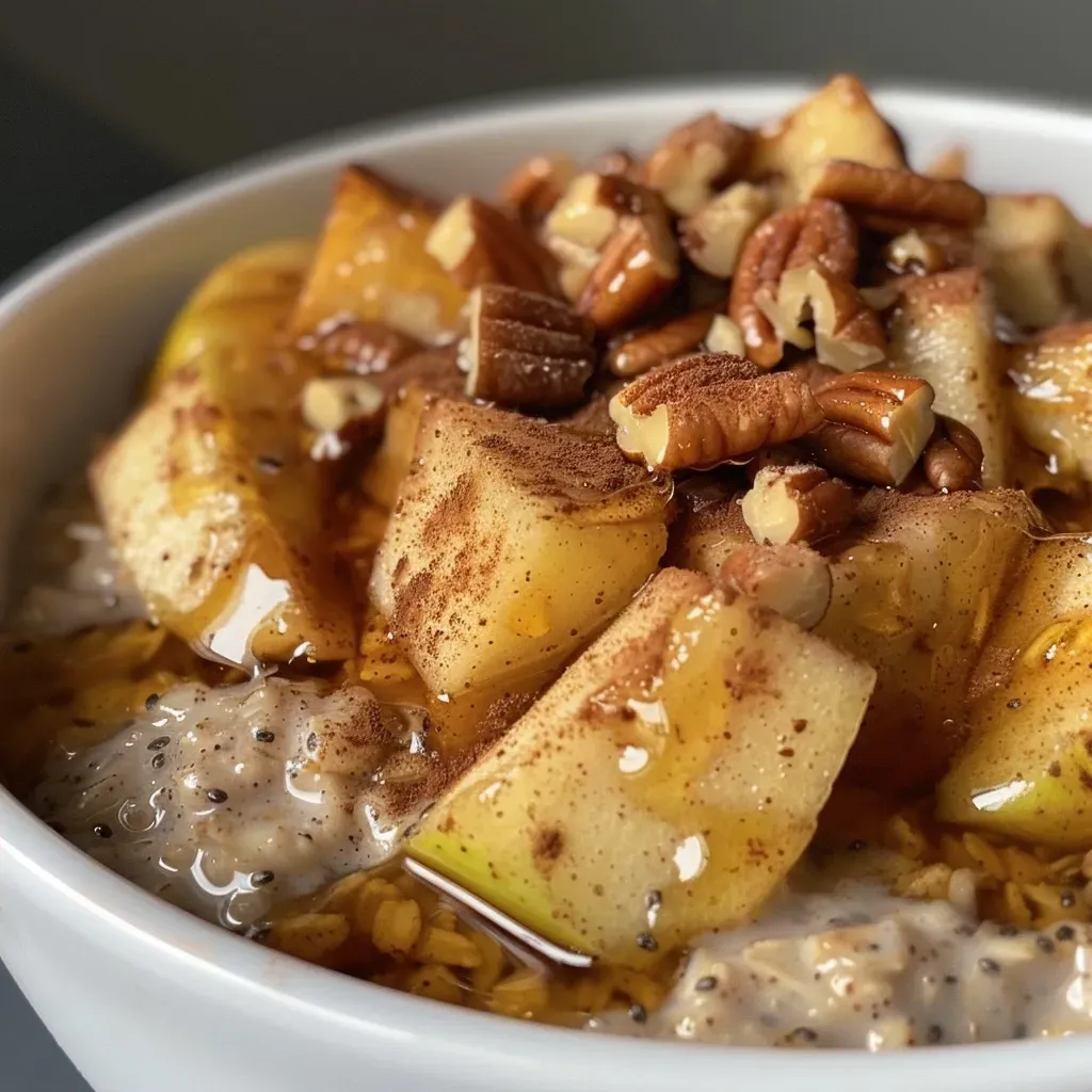 ['Close-up of creamy Apple Pie Overnight Oats with diced apples and cinnamon.', 'A bowl of Apple Pie Overnight Oats featuring chopped apples and nuts.', 'Side view of Apple Pie Overnight Oats topped with pecans and a sprinkle of cinnamon.', 'Delicious Apple Pie Overnight Oats in a glass, showcasing apple chunks and chia seeds.']