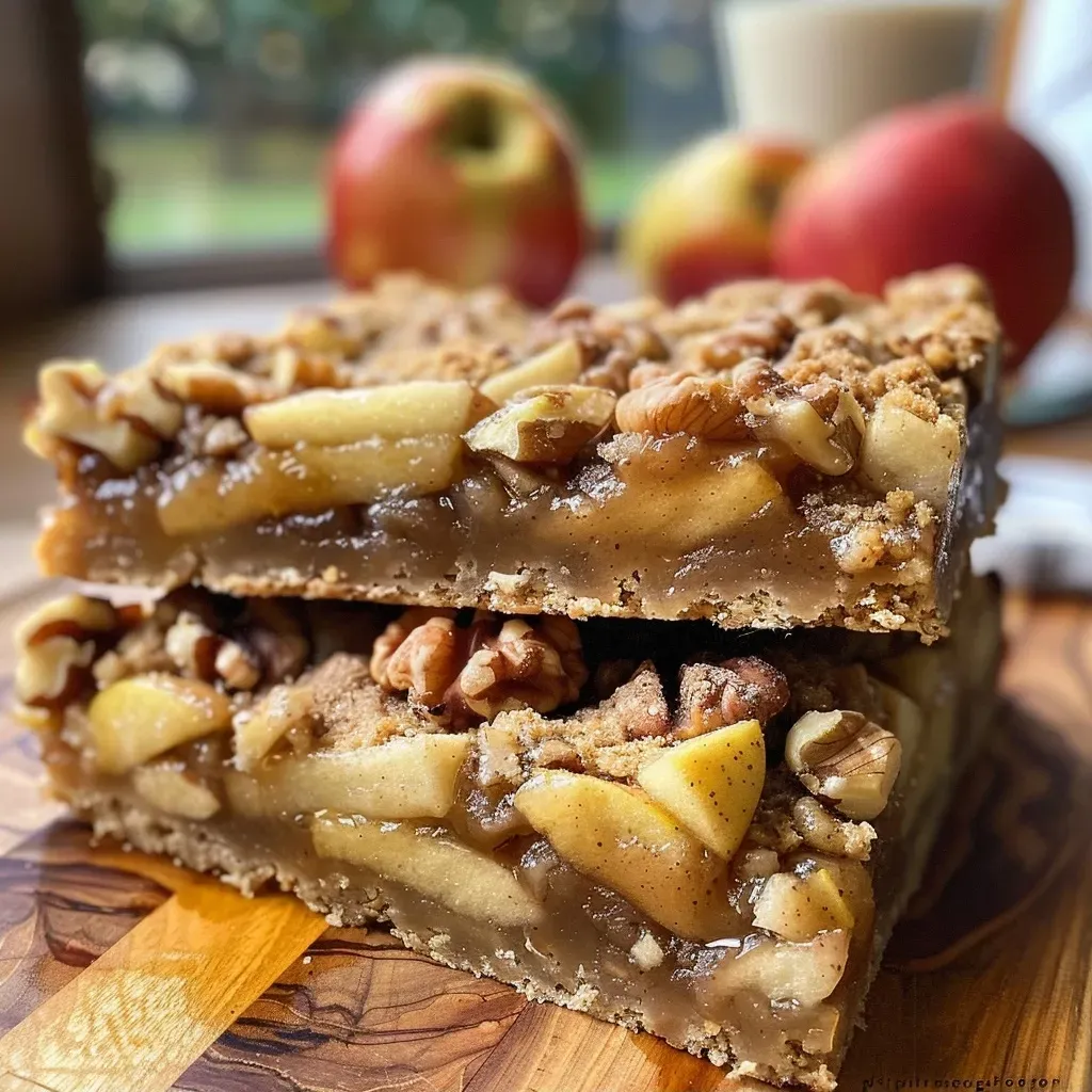 ['Close-up side view of sliced Apple Walnut Bars topped with crumbs.', 'Juicy Apple Walnut Bars showcasing apple layers and walnut pieces.', 'Freshly baked Apple Walnut Bars with a golden crust and visible apple slices.', 'Delicate Apple Walnut Bars with a crumbly topping and walnuts sprinkled on top.']