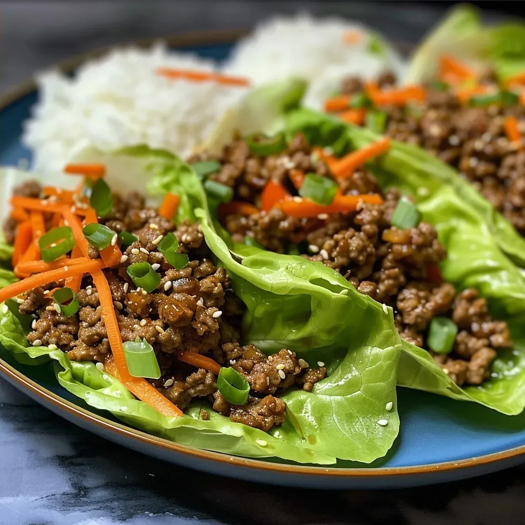 ['Close-up of juicy Asian Style Ground Beef Lettuce Wraps topped with sesame seeds on a plate.', 'Side view of fresh lettuce wraps filled with seasoned ground beef, colorful vegetables, and garnished with green onions.', 'Succulent lettuce wraps featuring ground beef, shredded carrots, and bell pepper, displayed on a wooden table.', 'Plate of Asian Style Ground Beef Lettuce Wraps drizzled with sauce and arranged with vibrant ingredients.']