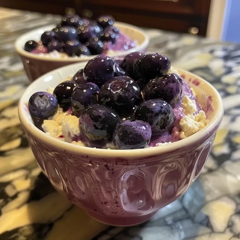 ['Close-up view of a baked blueberry cottage cheese bowl, showcasing blueberries and a creamy texture.', 'Side angle of a bowl filled with baked blueberry cottage cheese, featuring fresh blueberries on top.', 'Juicy baked blueberry cottage cheese bowl captured in a detailed close-up, highlighting the vibrant blueberries.', 'Textured view of a cottage cheese bowl with baked blueberries, emphasizing its creamy consistency and color.']
