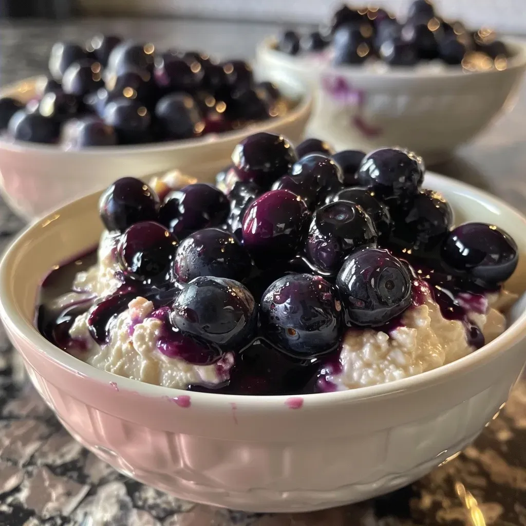 ['Close-up view of a baked blueberry cottage cheese bowl, showcasing blueberries and a creamy texture.', 'Side angle of a bowl filled with baked blueberry cottage cheese, featuring fresh blueberries on top.', 'Juicy baked blueberry cottage cheese bowl captured in a detailed close-up, highlighting the vibrant blueberries.', 'Textured view of a cottage cheese bowl with baked blueberries, emphasizing its creamy consistency and color.']