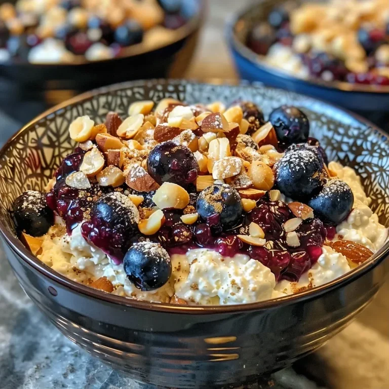 ['A close-up view of a Baked Blueberry Cottage Cheese Breakfast Bowl filled with fresh blueberries and drizzled with honey.', 'A side view of a Baked Blueberry Cottage Cheese Breakfast Bowl showcasing juicy blueberries and cottage cheese.', 'A vibrant Baked Blueberry Cottage Cheese Breakfast Bowl featuring blueberries, honey, and nuts on top.', 'An appetizing Baked Blueberry Cottage Cheese Breakfast Bowl with cottage cheese, blueberries, and a sprinkle of cinnamon.']