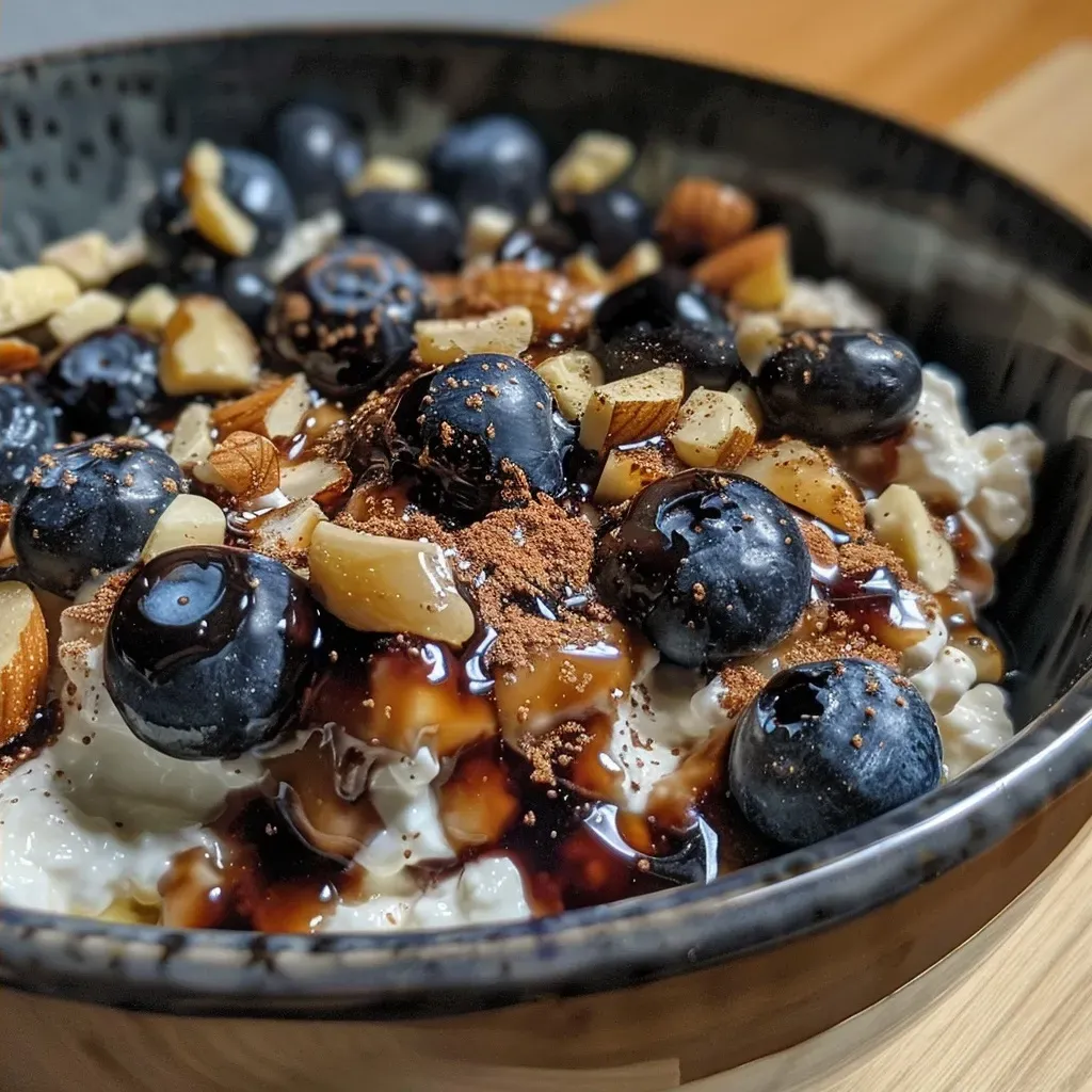A close-up view of a Baked Blueberry Cottage Cheese Breakfast Bowl filled with fresh blueberries and drizzled with honey.