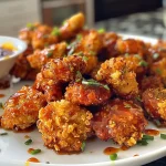 ['Close-up view of crispy Baked Honey BBQ Chicken Bites on a plate.', 'Side view of golden-brown Baked Honey BBQ Chicken Bites with a dipping sauce.', 'Juicy Baked Honey BBQ Chicken Bites displayed on a serving platter.', 'Appetizing Baked Honey BBQ Chicken Bites garnished, showcasing their crispy texture.']