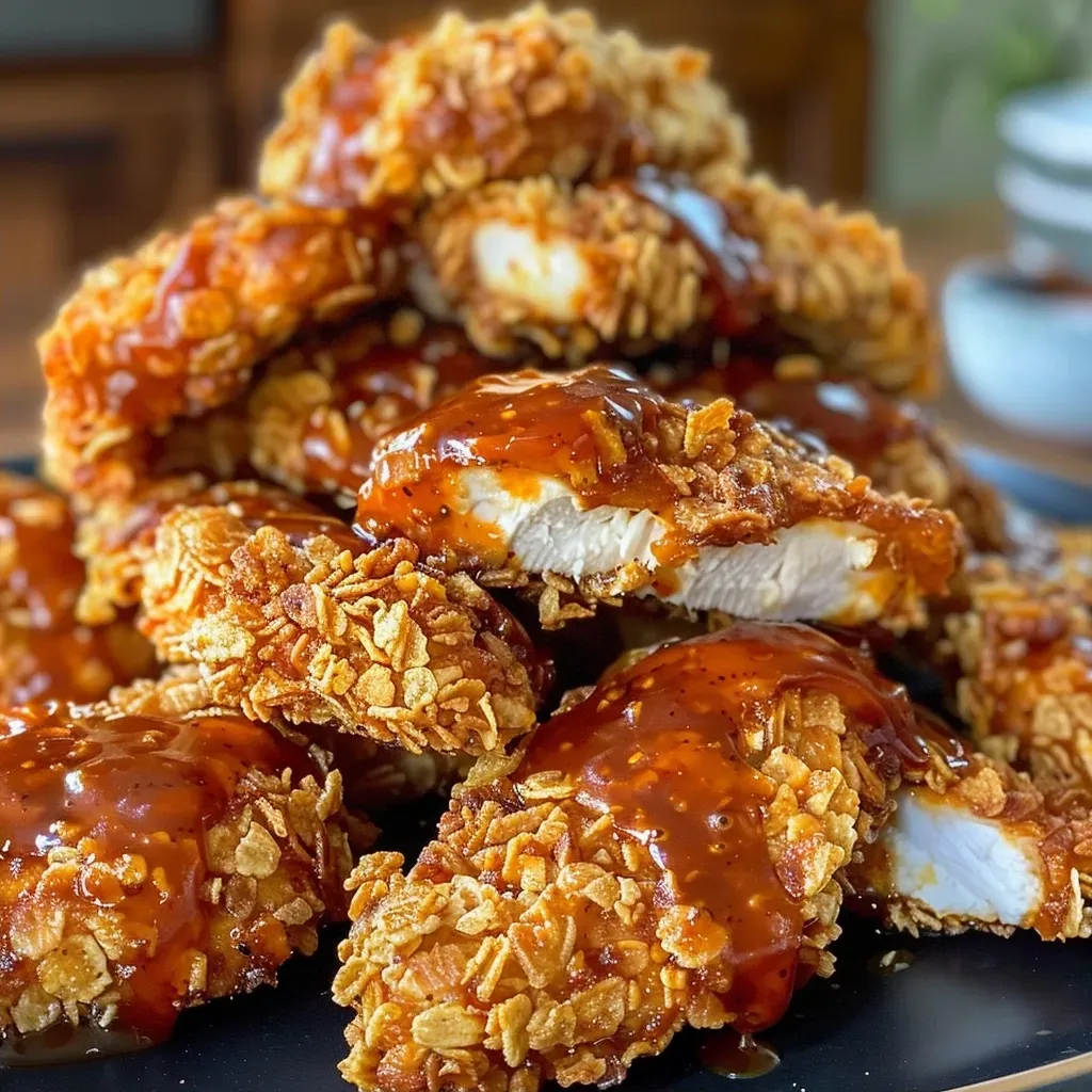 Close-up view of crispy Baked Honey BBQ Chicken Bites on a plate.