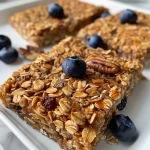 ['Close-up of baked oatmeal squares with berries and nuts on a plate.', 'Side view of golden baked oatmeal squares topped with fresh fruit.', 'Delicious baked oatmeal squares arranged neatly, showcasing their texture.', 'A plate of moist baked oatmeal squares with a sprinkle of nuts and berries.']
