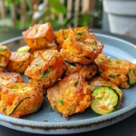 ['Close-up view of crispy baked sweet potato and zucchini tots on a plate.', 'Golden-brown baked zucchini tots made with sweet potato, displayed side view.', 'Deliciously crispy baked sweet potato zucchini tots, showcasing their texture.', 'Side view of savory baked tots featuring sweet potato and zucchini ingredients.']