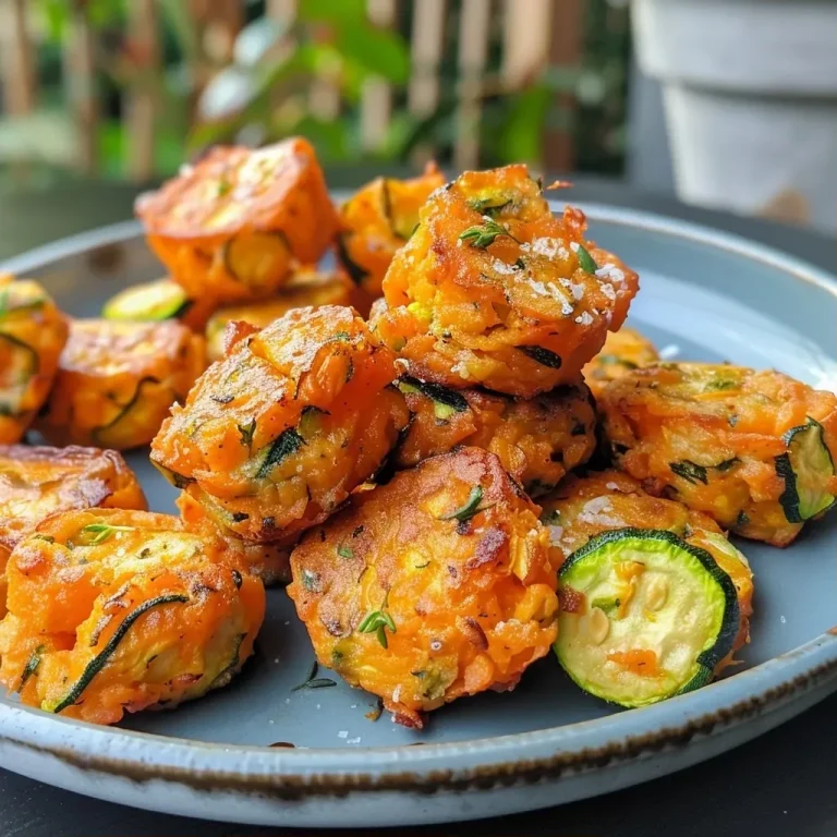 ['Close-up view of crispy baked sweet potato and zucchini tots on a plate.', 'Golden-brown baked zucchini tots made with sweet potato, displayed side view.', 'Deliciously crispy baked sweet potato zucchini tots, showcasing their texture.', 'Side view of savory baked tots featuring sweet potato and zucchini ingredients.']