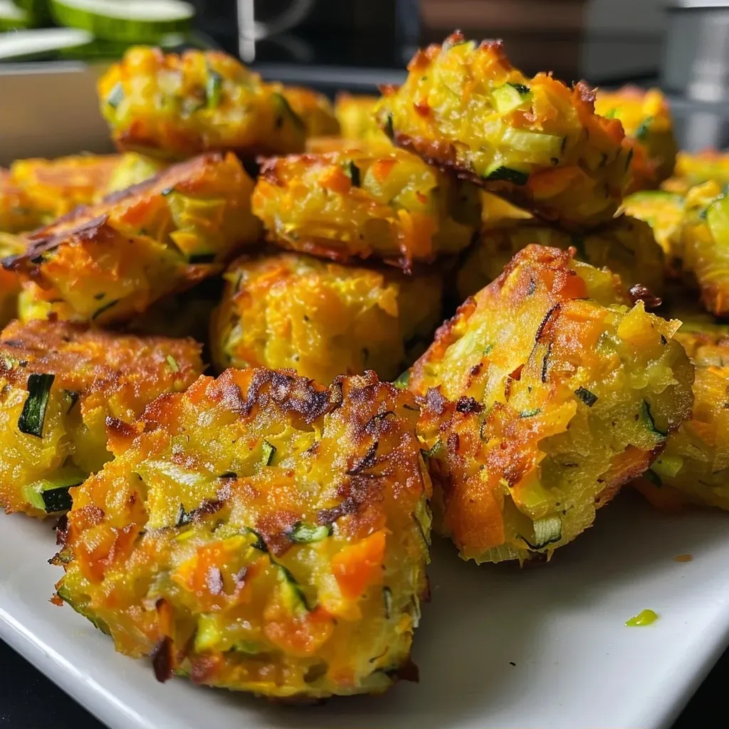 ['Close-up view of crispy baked sweet potato and zucchini tots on a plate.', 'Golden-brown baked zucchini tots made with sweet potato, displayed side view.', 'Deliciously crispy baked sweet potato zucchini tots, showcasing their texture.', 'Side view of savory baked tots featuring sweet potato and zucchini ingredients.']