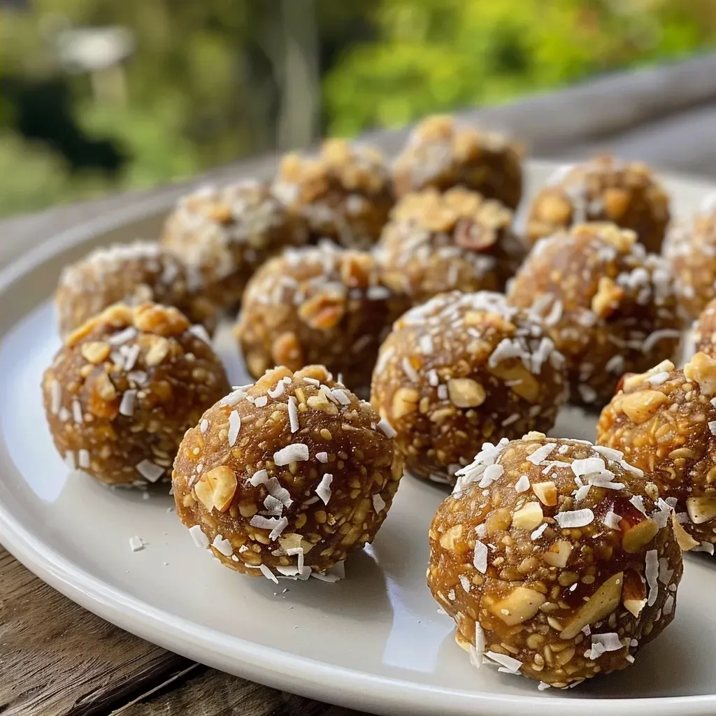 ['Close-up of Banana Bread Energy Bites on a wooden surface.', 'Side view of delicious Banana Bread Energy Bites rolled in coconut.', 'Juicy Banana Bread Energy Bites arranged neatly on a plate.', 'A vibrant display of Banana Bread Energy Bites surrounded by ingredients.']