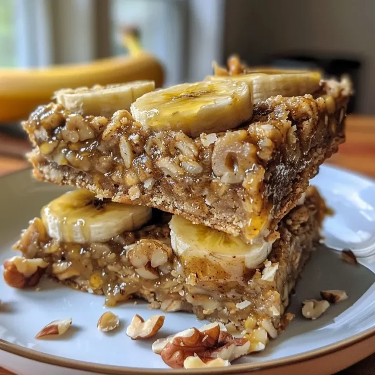 ['Close-up of golden-brown Banana Nut Breakfast Bars with visible walnut pieces.', 'Side view of freshly baked Banana Nut Breakfast Bars, showcasing their moist texture.', 'Delicious Banana Nut Breakfast Bars topped with flaky salt, highlighting their ingredients.', 'Irresistible Banana Nut Breakfast Bars with chunks of banana and walnuts, ready to eat.']