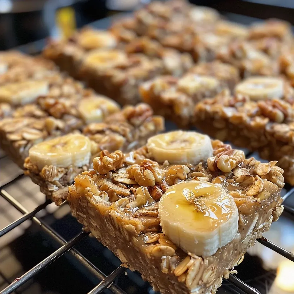 Close-up of golden-brown Banana Nut Breakfast Bars with visible walnut pieces.