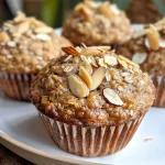 ['A close-up side view of golden-brown banana oat muffins with visible almond slices.', 'Delicious banana oat muffins showcasing a crumbly texture and topped with sliced almonds.', 'Juicy banana oat muffins arranged on a plate, highlighting their moist interior and oatmeal texture.', 'Freshly baked banana oat muffins with a rich, golden hue and a sprinkle of cinnamon on top.']