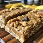 ['Close-up view of moist banana oatmeal energy bars topped with chocolate chips and walnuts.', 'Side shot of freshly baked banana oatmeal energy bars showcasing their chewy texture and rich ingredients.', 'Delicious banana oatmeal energy bars captured in a close-up, highlighting the nuts and chocolate chips.', 'Detailed side view of nutritious banana oatmeal energy bars with visible chunks of walnuts and chocolate.']
