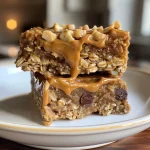 ['Close-up of a golden-brown banana peanut butter oat bar, showcasing a soft texture and chocolate chips.', 'Side view of a chewy banana oat bar with peanut butter and chocolate, highlighting its ingredients.', 'Detailed shot of a homemade oat bar made with bananas and peanut butter, featuring visible chocolate chips.', 'Close-up view of a banana peanut butter oat bar, emphasizing its rich color and chewy consistency.']