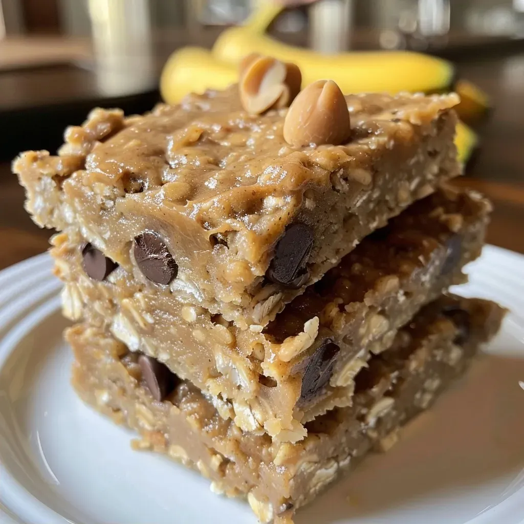 ['Close-up of a golden-brown banana peanut butter oat bar, showcasing a soft texture and chocolate chips.', 'Side view of a chewy banana oat bar with peanut butter and chocolate, highlighting its ingredients.', 'Detailed shot of a homemade oat bar made with bananas and peanut butter, featuring visible chocolate chips.', 'Close-up view of a banana peanut butter oat bar, emphasizing its rich color and chewy consistency.']