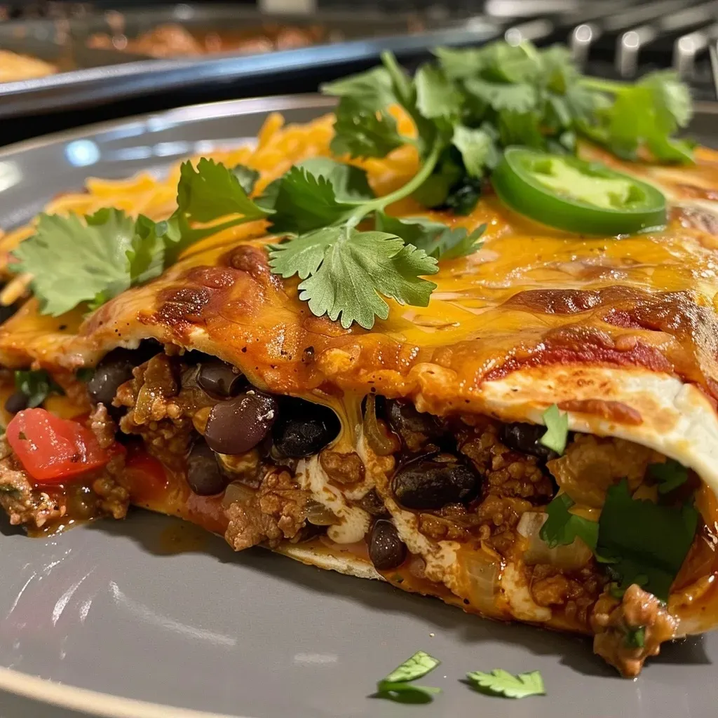 ['Close-up view of a Beef and Bean Burrito Bake topped with melted cheese.', 'Side view of a delicious Beef and Bean Burrito Bake with gooey cheese and beans.', 'Juicy Beef and Bean Burrito Bake served in a dish, showcasing layers of tortillas and beef.', 'Appetizing Beef and Bean Burrito Bake, emphasizing the savory ingredients and cheese topping.']