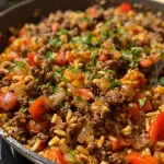 ['A close-up view of a Beef and Rice Skillet Dinner featuring ground beef, rice, and colorful vegetables.', 'Juicy Beef and Rice Skillet Dinner with melted cheese on top and fresh herbs for garnish.', 'Side view of a hearty Beef and Rice Skillet Dinner, showcasing the vibrant ingredients mixed together.', 'A delicious Beef and Rice Skillet Dinner served in a skillet, highlighting its juicy textures and rich colors.']