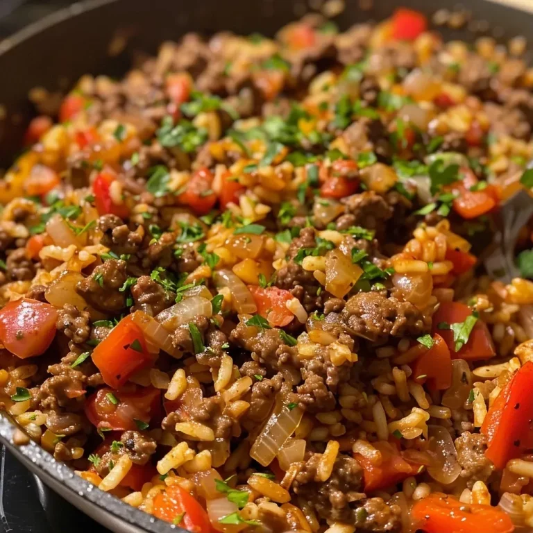 ['A close-up view of a Beef and Rice Skillet Dinner featuring ground beef, rice, and colorful vegetables.', 'Juicy Beef and Rice Skillet Dinner with melted cheese on top and fresh herbs for garnish.', 'Side view of a hearty Beef and Rice Skillet Dinner, showcasing the vibrant ingredients mixed together.', 'A delicious Beef and Rice Skillet Dinner served in a skillet, highlighting its juicy textures and rich colors.']