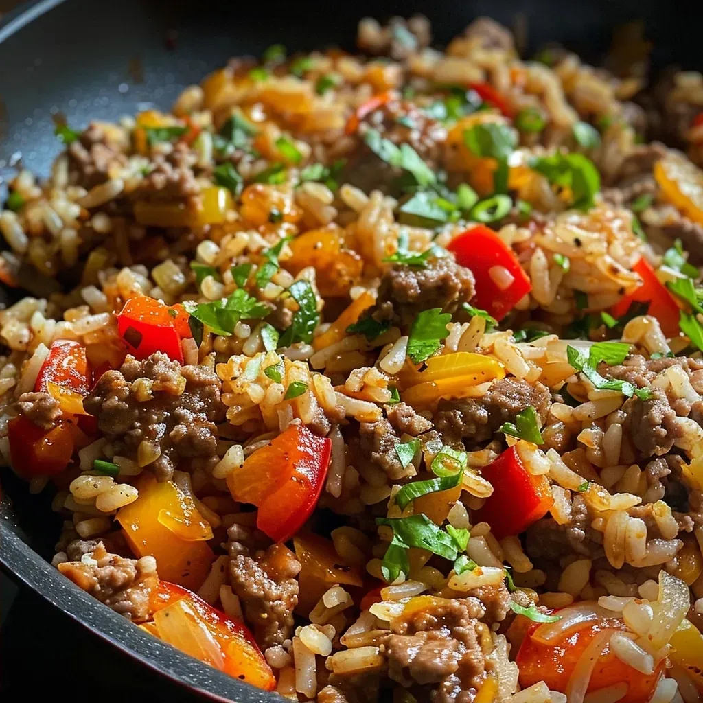 ['A close-up view of a Beef and Rice Skillet Dinner featuring ground beef, rice, and colorful vegetables.', 'Juicy Beef and Rice Skillet Dinner with melted cheese on top and fresh herbs for garnish.', 'Side view of a hearty Beef and Rice Skillet Dinner, showcasing the vibrant ingredients mixed together.', 'A delicious Beef and Rice Skillet Dinner served in a skillet, highlighting its juicy textures and rich colors.']