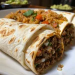 ['Juicy beef burritos filled with colorful ingredients presented on a plate.', 'Close-up view of beef burritos with melted cheese and garnishes.', 'A side view of a beef burrito showcasing its filling and tortilla.', 'Deliciously prepared beef burritos drizzled with sauce and garnished with cilantro.']