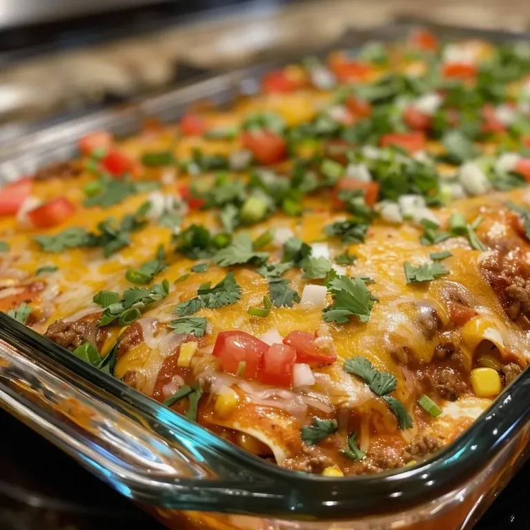 ['A close-up side view of a beef enchilada casserole layered with melted cheese and garnished with green onions.', 'A juicy beef enchilada casserole displaying vibrant colors from tomatoes, cheese, and cilantro on top.', 'A hearty beef enchilada casserole with visible layers of beef, beans, and rice, topped with sharp cheddar cheese.', 'A deliciously crafted beef enchilada casserole featuring a golden-brown cheesy top and colorful ingredients.']