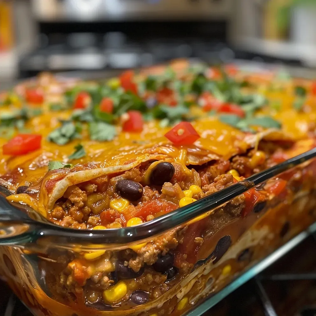 ['A close-up side view of a beef enchilada casserole layered with melted cheese and garnished with green onions.', 'A juicy beef enchilada casserole displaying vibrant colors from tomatoes, cheese, and cilantro on top.', 'A hearty beef enchilada casserole with visible layers of beef, beans, and rice, topped with sharp cheddar cheese.', 'A deliciously crafted beef enchilada casserole featuring a golden-brown cheesy top and colorful ingredients.']