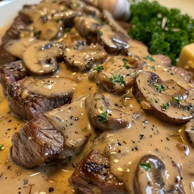 ['Juicy beef sirloin in creamy mushroom sauce, garnished with herbs.', 'Close-up of beef in a rich, velvety mushroom sauce with chunks of mushrooms.', 'Appetizing side view of tender beef served in a creamy sauce with onions and garlic.', 'Delicious beef sirloin in a creamy mushroom sauce, highlighting the texture and color.']