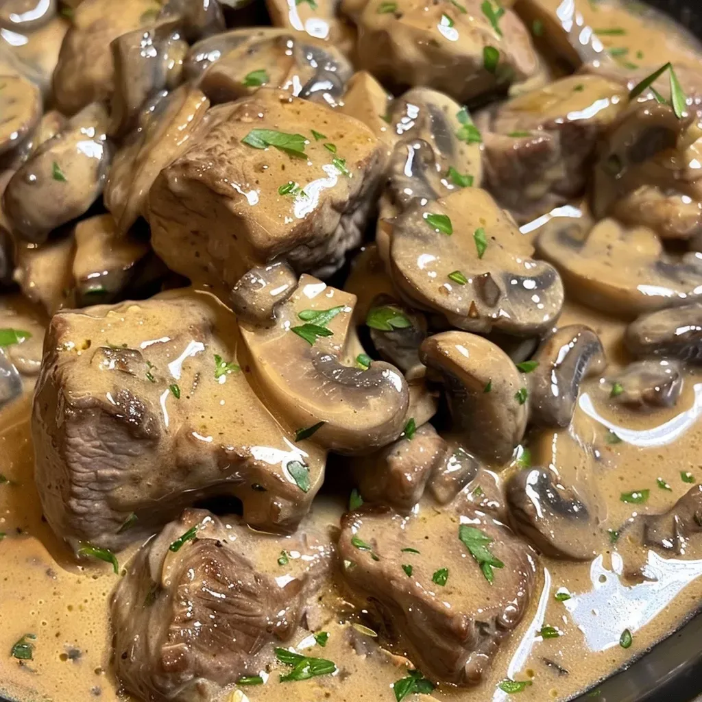 Juicy beef sirloin in creamy mushroom sauce, garnished with herbs.