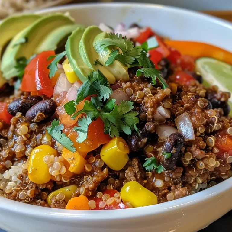 ['A close-up view of a Beef Quinoa Bowl with vibrant toppings.', 'A side view of a colorful Beef Quinoa Bowl filled with fresh ingredients.', 'A delicious Beef Quinoa Bowl featuring ground beef, quinoa, and veggies.', 'A beautifully arranged Beef Quinoa Bowl with avocado and cilantro.']