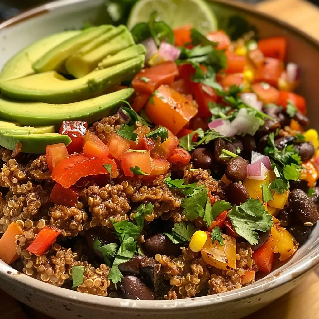 ['A close-up view of a Beef Quinoa Bowl with vibrant toppings.', 'A side view of a colorful Beef Quinoa Bowl filled with fresh ingredients.', 'A delicious Beef Quinoa Bowl featuring ground beef, quinoa, and veggies.', 'A beautifully arranged Beef Quinoa Bowl with avocado and cilantro.']