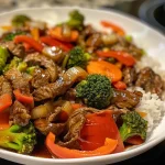 ['Close-up view of juicy beef stir fry with colorful vegetables.', 'Side view of a vibrant beef stir fry featuring bell peppers and broccoli.', 'Detailed shot of beef stir fry showcasing assorted vegetables and sauce.', 'Close-up of appetizing beef stir fry with sliced beef and fresh veggies.']